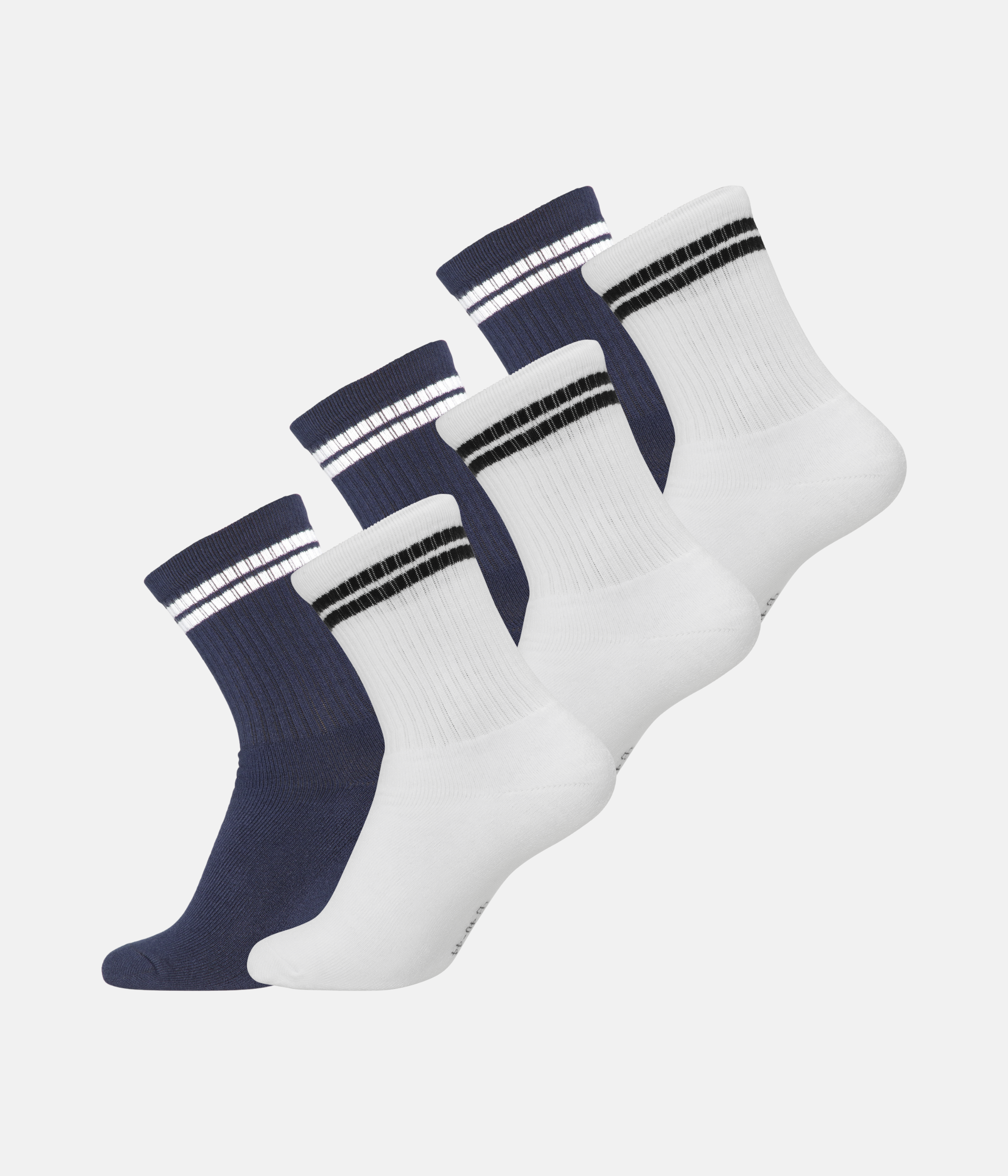 6 Par Bambus Tennissokker - Hvide med sorte striber/Navy med hvide striber